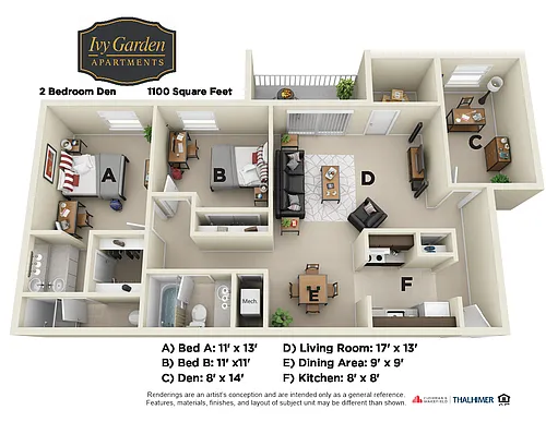 Floor plan 2 Bedroom Den Upgrade North