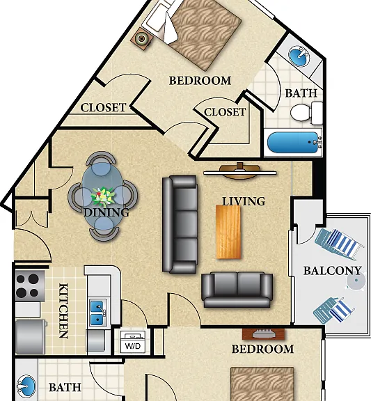 Plan H 2 Bed 2 Bath Floorplan Diagram