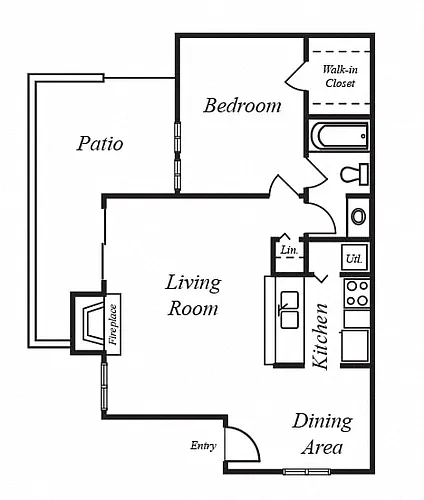 Floor plan 1 Bedroom, 1 Bathroom E2
