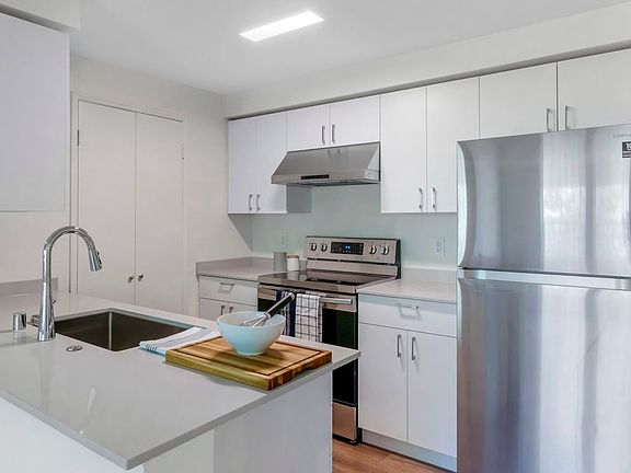Renovated III kitchen with white cabinetry, grey quartz countertops, stainless steel appliances, and hard surface flooring