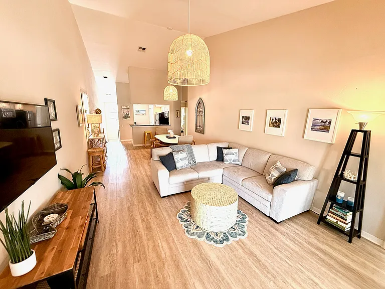 Living space with high ceilings.