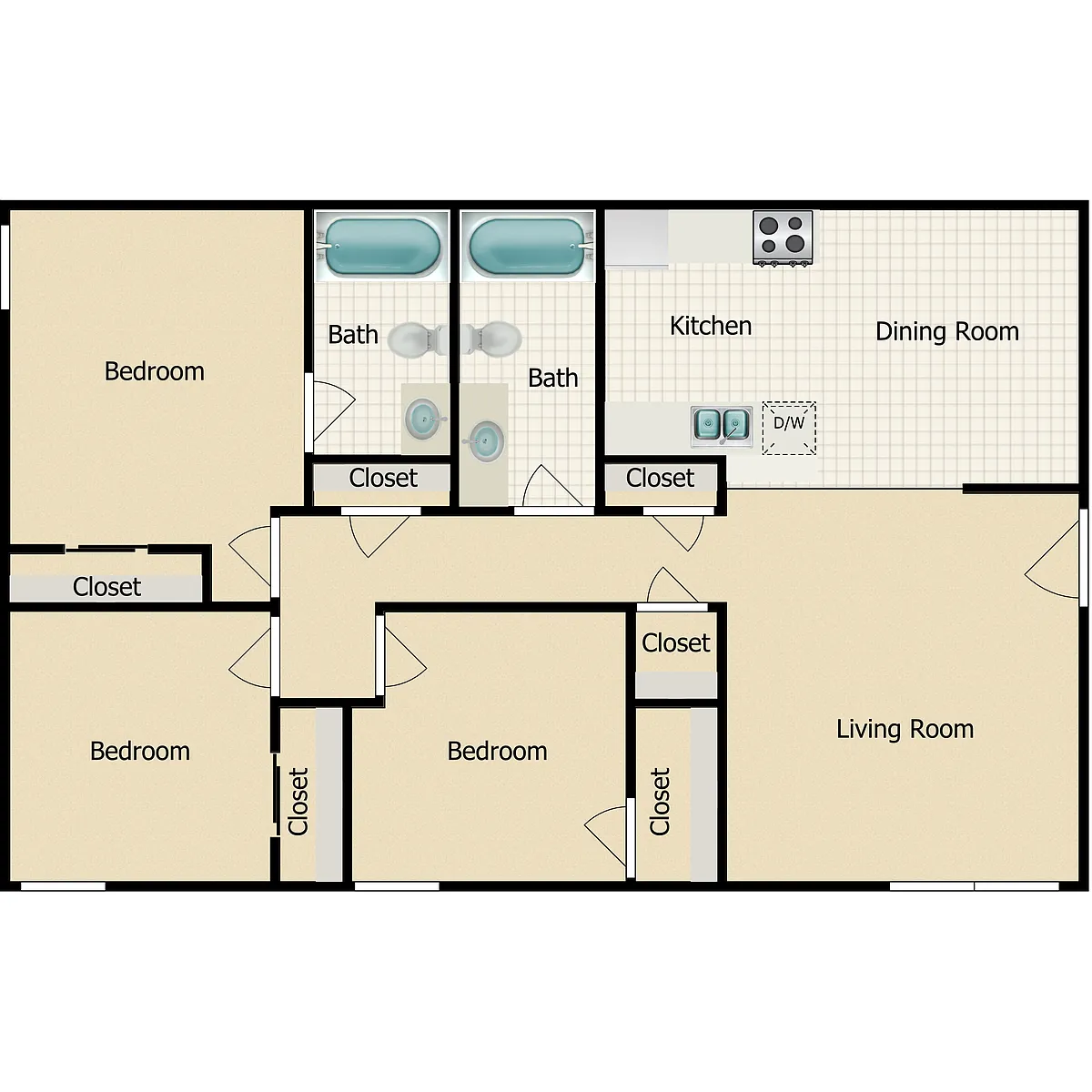 Floor plan 3 Bedroom 2 Baths