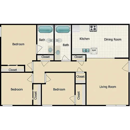Floor plan 3 Bedroom 2 Baths