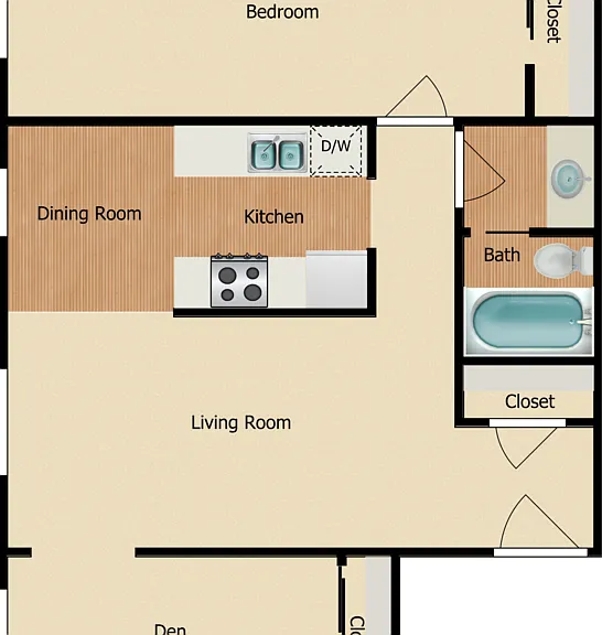 1 Bed 1 Bath w/Den Floorplan Diagram