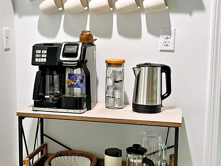 Coffee or Tea? The coffee corner has several appliances to choose from. We provide a starter supply of beverage choices.