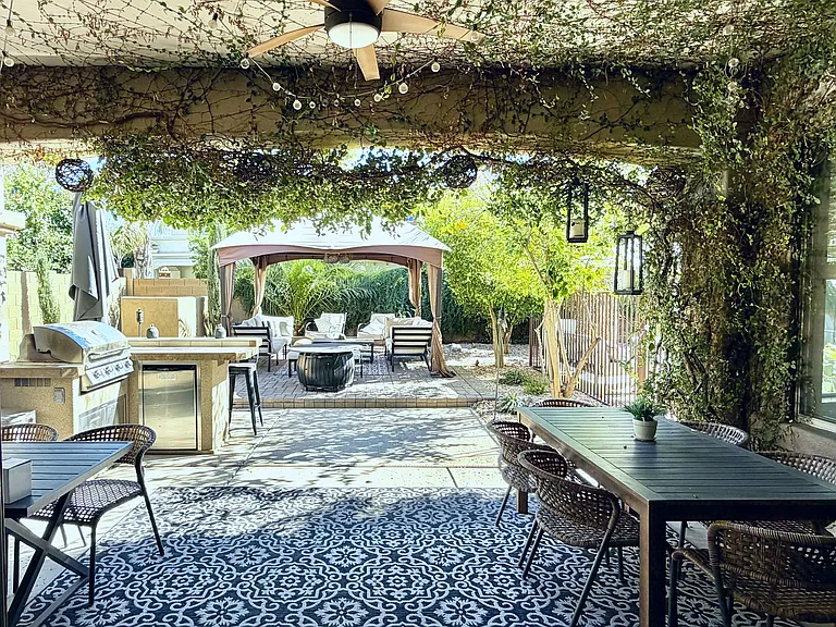 Gazebo, fire pit and sitting area for backyard entertaining