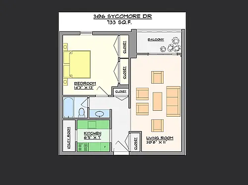 Floor plan 1 Bed 1 Bath With Balcony