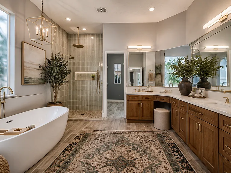 primary bath - Main level (virtually upgraded shower, tub, cabinets & countertop and staged / AI generated) alternate view