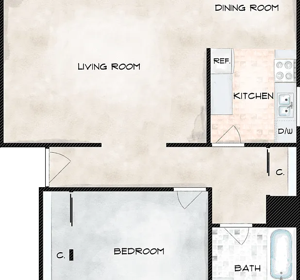 1 Bed 1 Bath F Floorplan Diagram