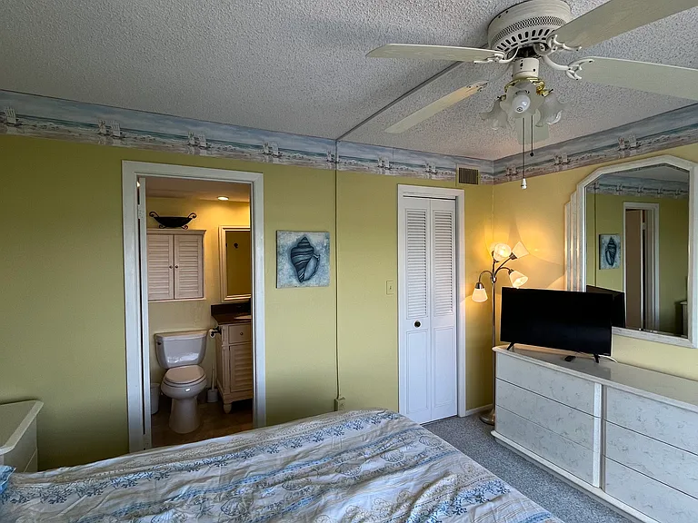 Bath and walk in closet. Television.