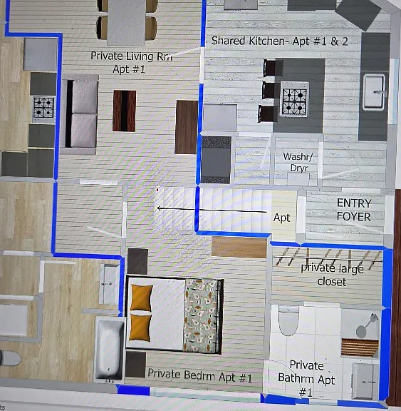 Apt #2 (B) - Private Living, Bedroom, and Bathrm #1