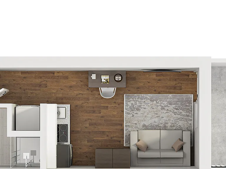 Explore the efficient design of this stylish studio apartment, complete with modern amenities. Explore the efficient design of this stylish studio apartment, complete with modern amenities.