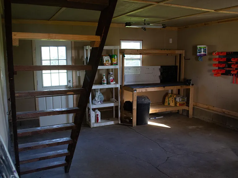 Single car garage with work bench