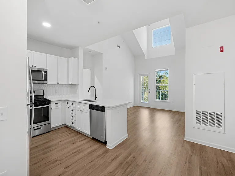 Modern open-concept kitchen with sleek stainless steel appliances, bright skylights, and spacious living area, perfect for stylish urban living.