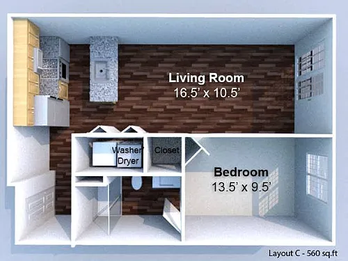 Floor plan 1 Bedroom 1 Bath S