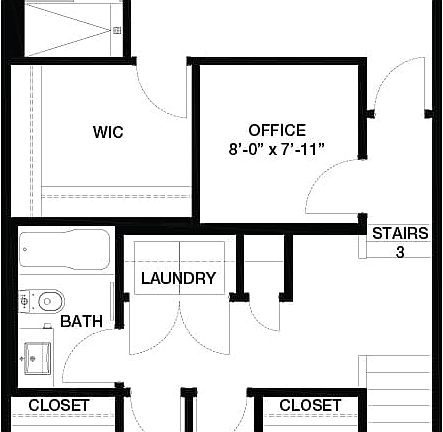 A black line drawing of the Stanley 2 urban rowhome model in Crown Park by Brookfield Residential