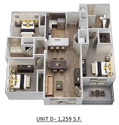 Floor plan 3 BED, 2 BATH (D) - 1259 SF