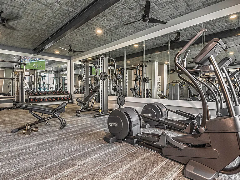 Expansive fitness center with cardio and weight equipment