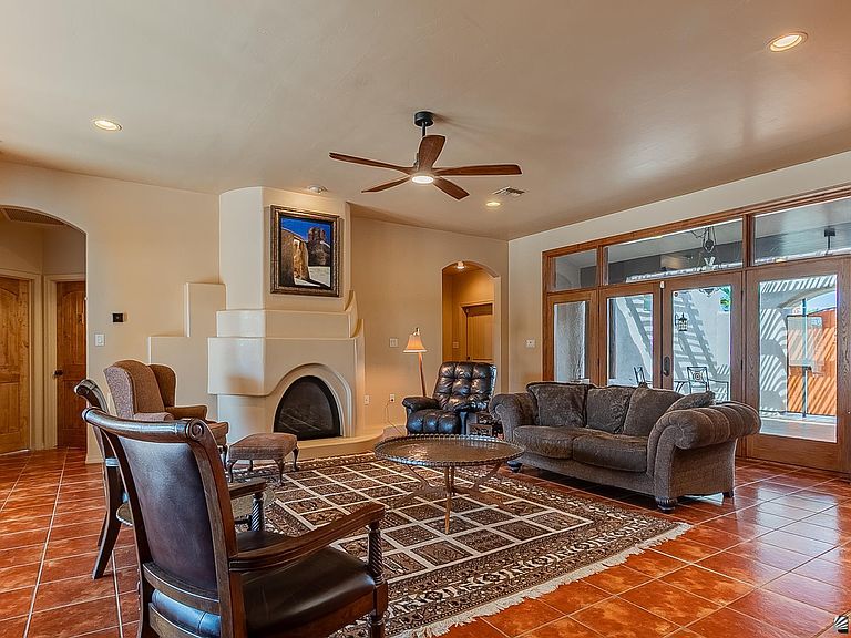 Living room with corner fireplace