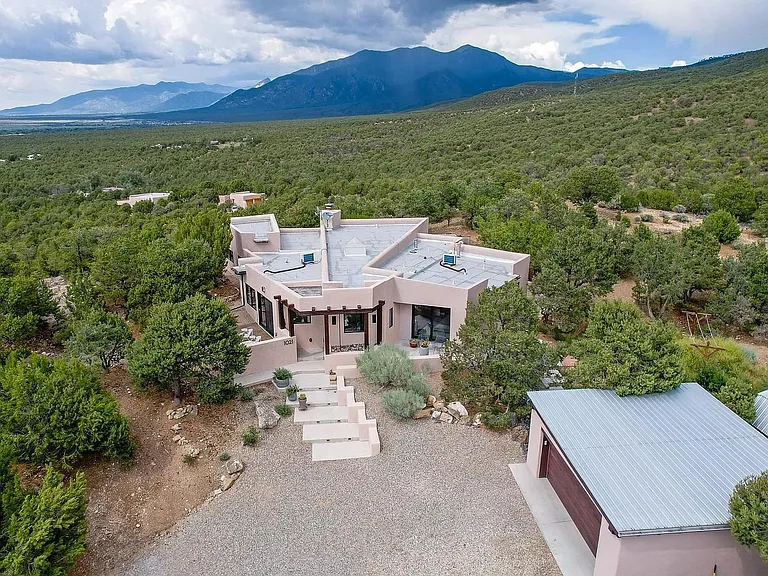 Aerial of the house and garage, looking north
