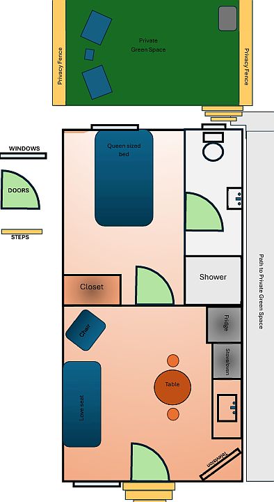 Cabin layout; including green space and semi/private walkway to green space.