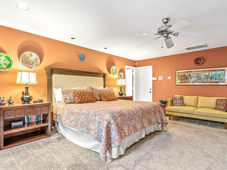 Master bedroom with king bed and Moroccan theme.