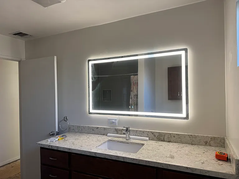 Bathroom 1 w/new LED mirror. Both Bathrooms will have same mirror.