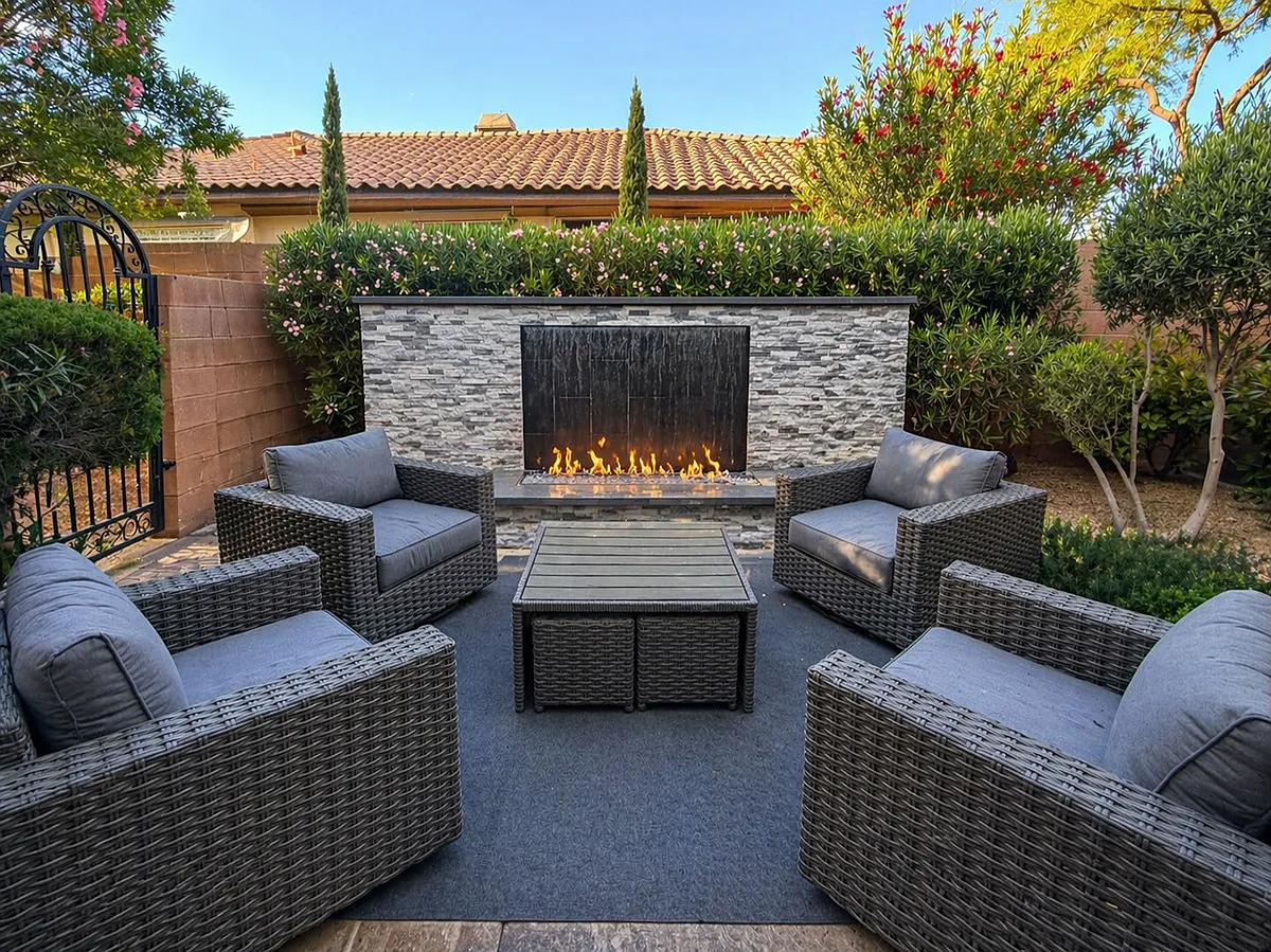 Private outdoor lounge with 12 foot wide water/fire feature - 417 Lake Windemere St