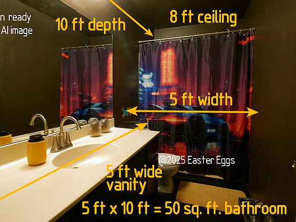 Oversized bathroom with a ceiling fan.