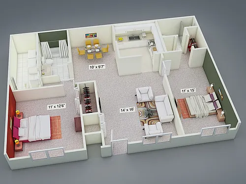 Floor plan Two Bedroom Two Bath Split Ranch