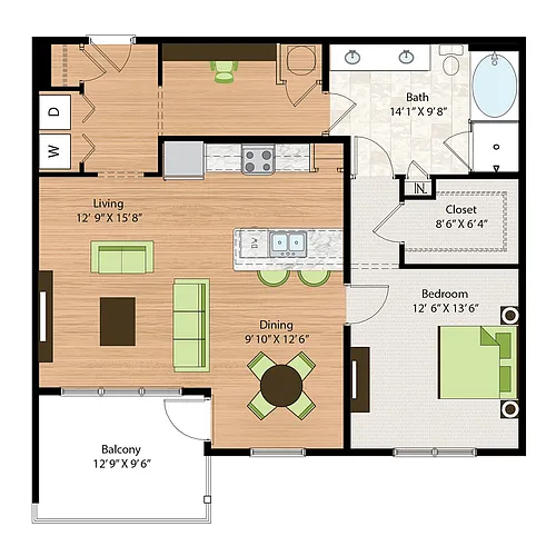 Floor plan One Bedroom One Bath (1062 SF)