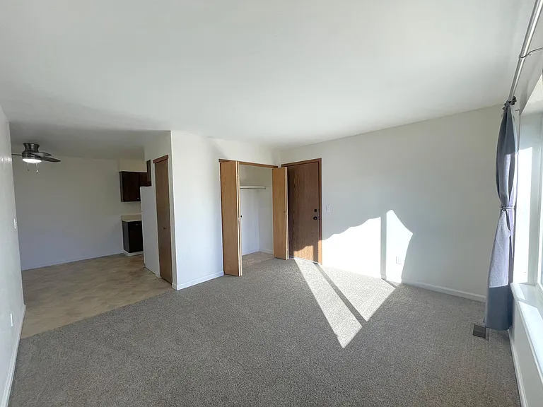 Living room, entry closet, and dining room
