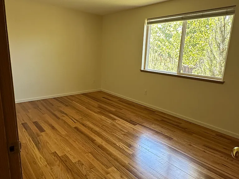 Downstairs bedroom #1, overlooks front yard - Maple tree and Mugo pine shade this and provide some privacy.