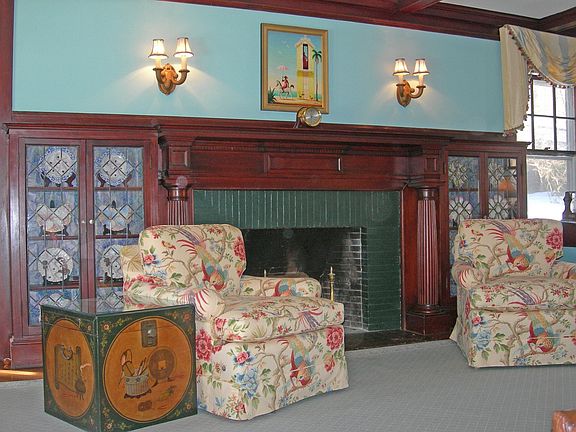Mantel and leaded glass cabinets in Living Room