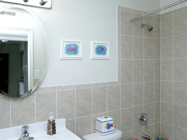 Main Bath with tub. Tile and size may vary.