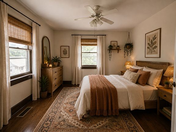 Bedroom #1, view from doorway to bedroom #2. Funished concept