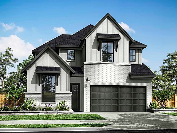 A two-story modern farmhouse-style home with a black roof, white siding, and a garage door sits on a