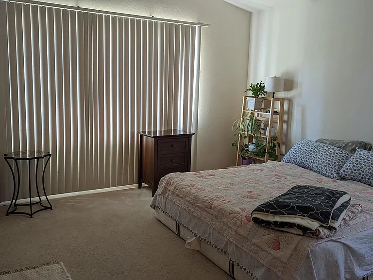 Master bedroom with large window and side window