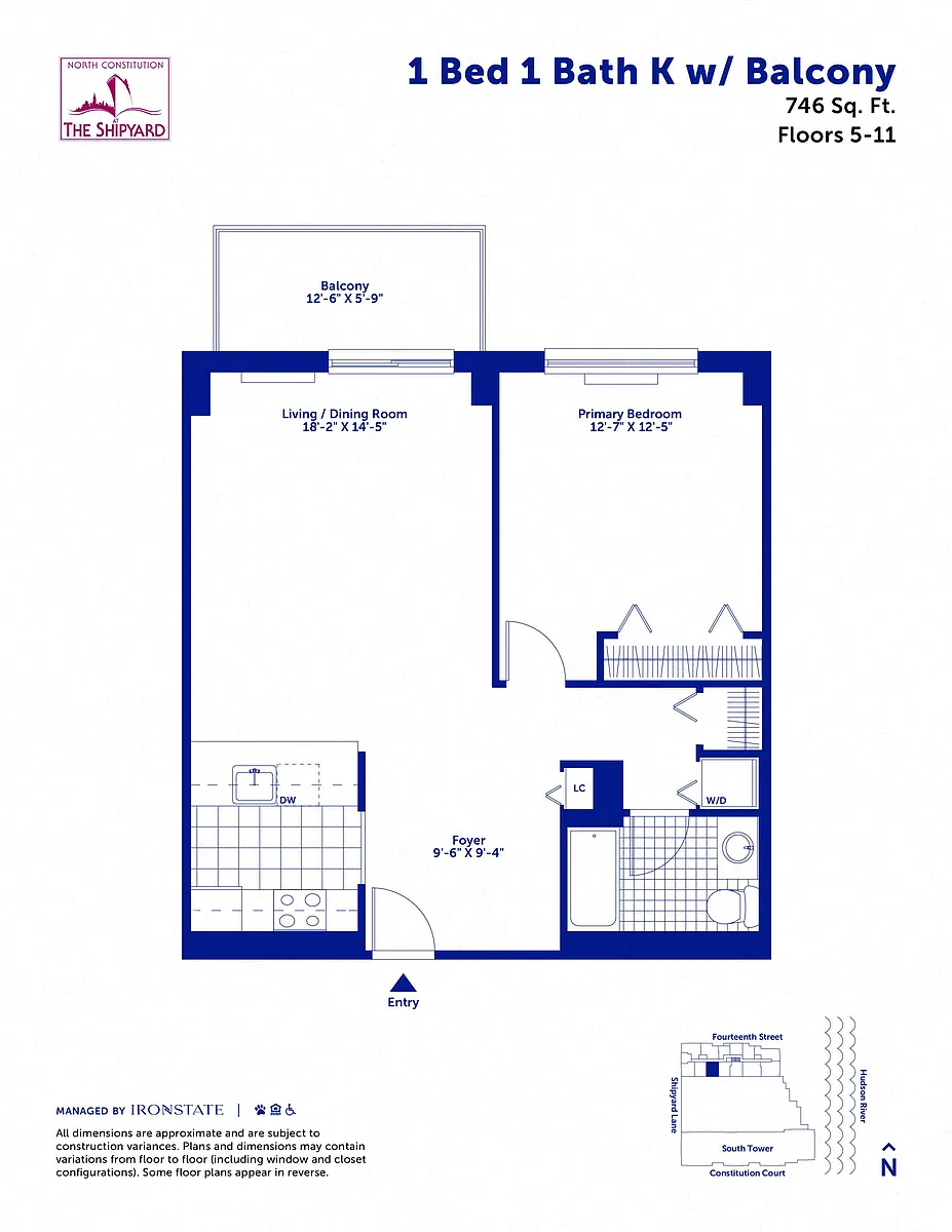 Floor plan 1 Bed 1 Bath K with Balcony