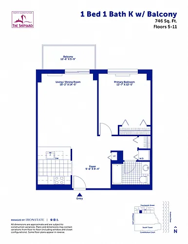 Floor plan 1 Bed 1 Bath K with Balcony