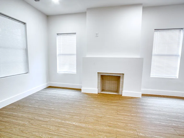 Fireplace, no carpet and plenty of natural light.