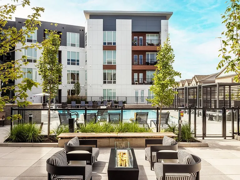 South building Courtyard with fireplace and lounge seating