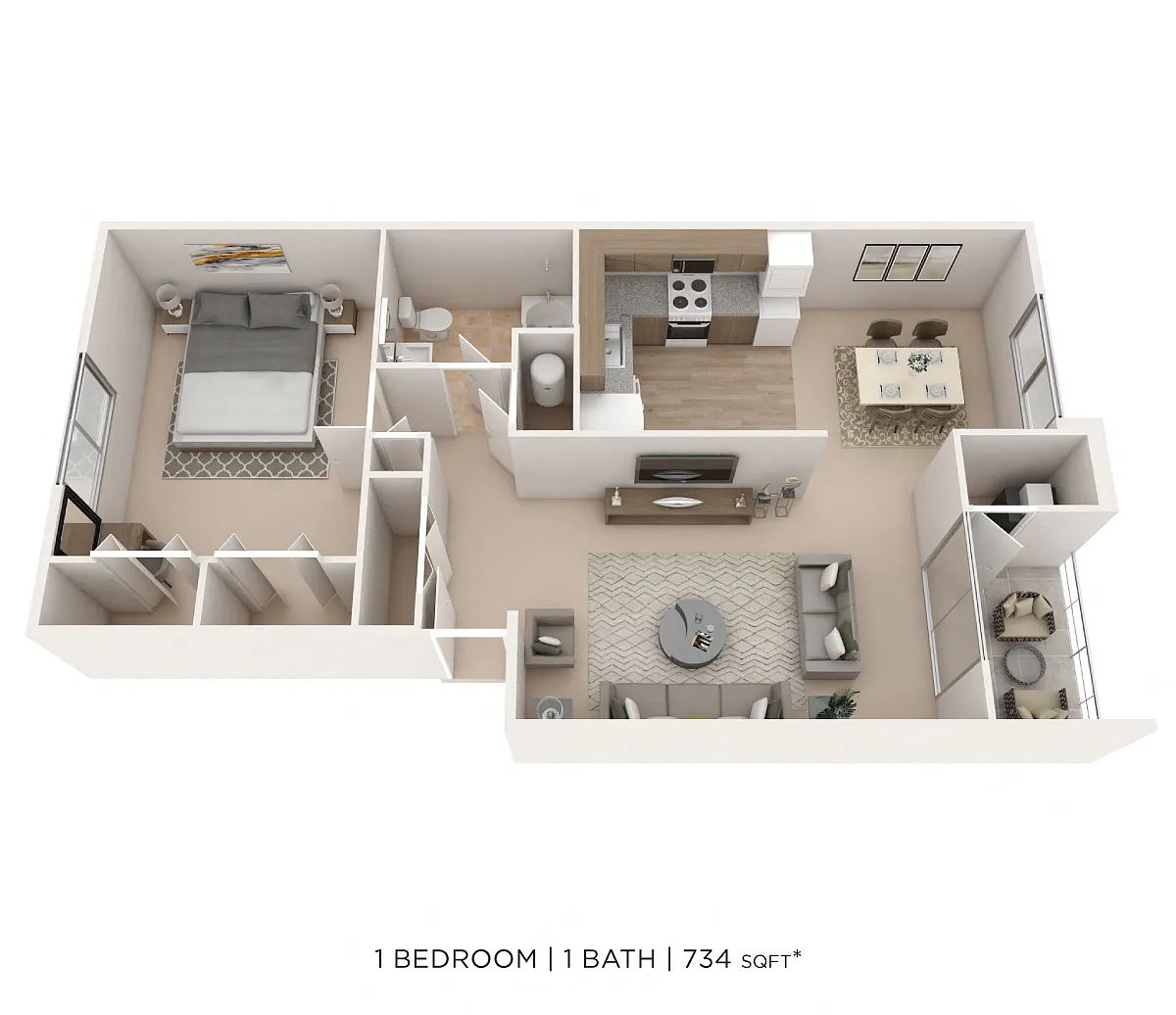 Floor plan One Bedroom - 734 sqft