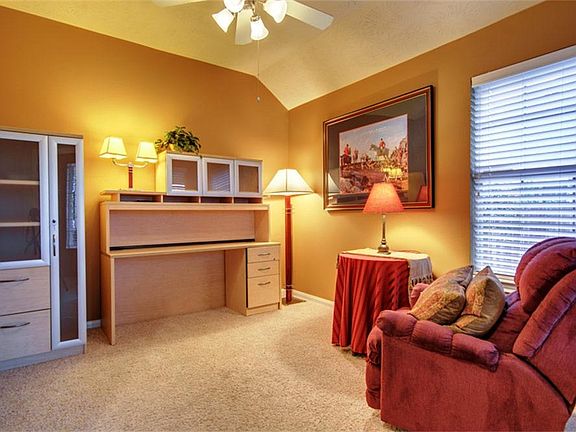 The study is located off the front entry and offers a workspace, and storage for your personal files