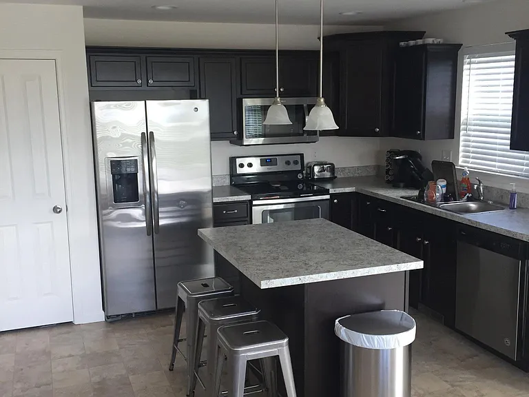 Kitchen area with island