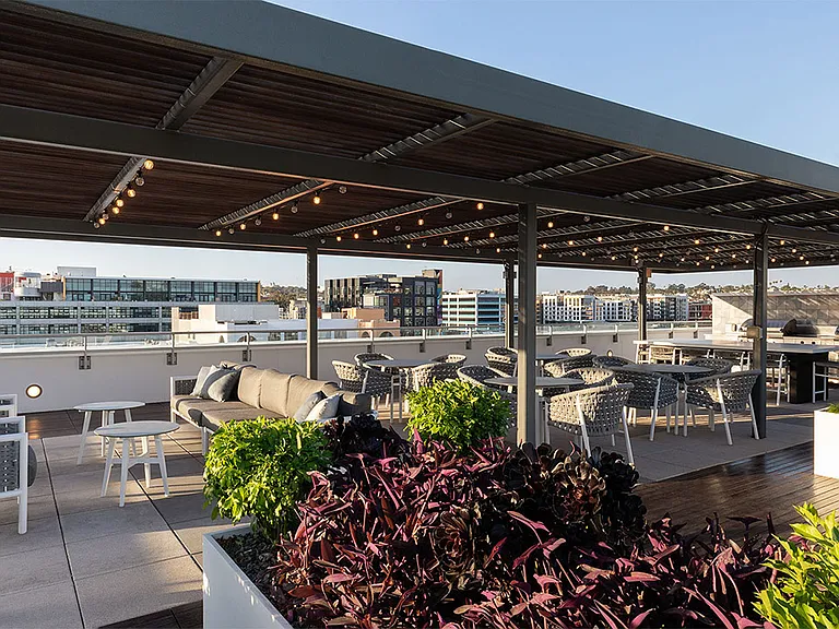 Apartment community rooftop deck at Griffis East Village in San Diego, California.