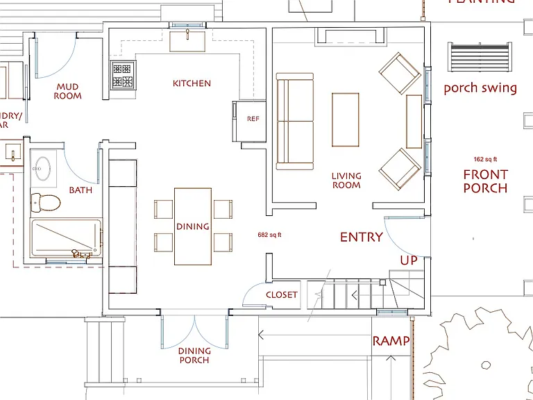First Floor Plan of 1023 Tulane shown with some furniture.