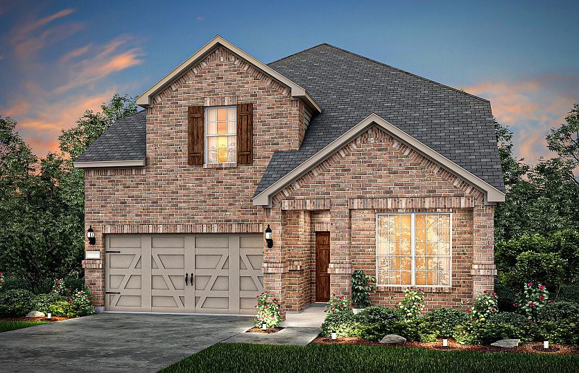 The Riverdale, a two-story home with 2-car garage, shown as Home Exterior A Model representation