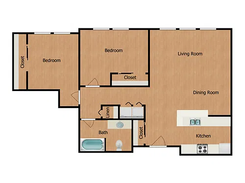 Floor plan 2 Bed, 1 Bath B (60% Income Restricted)