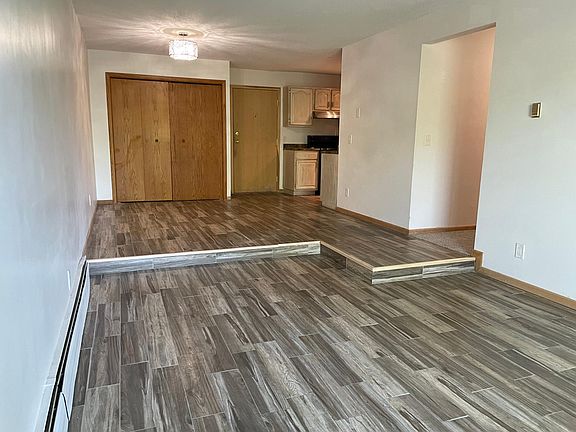 Reverse view, looking back at front door with kitchen to the right. Large coat and storage closet.